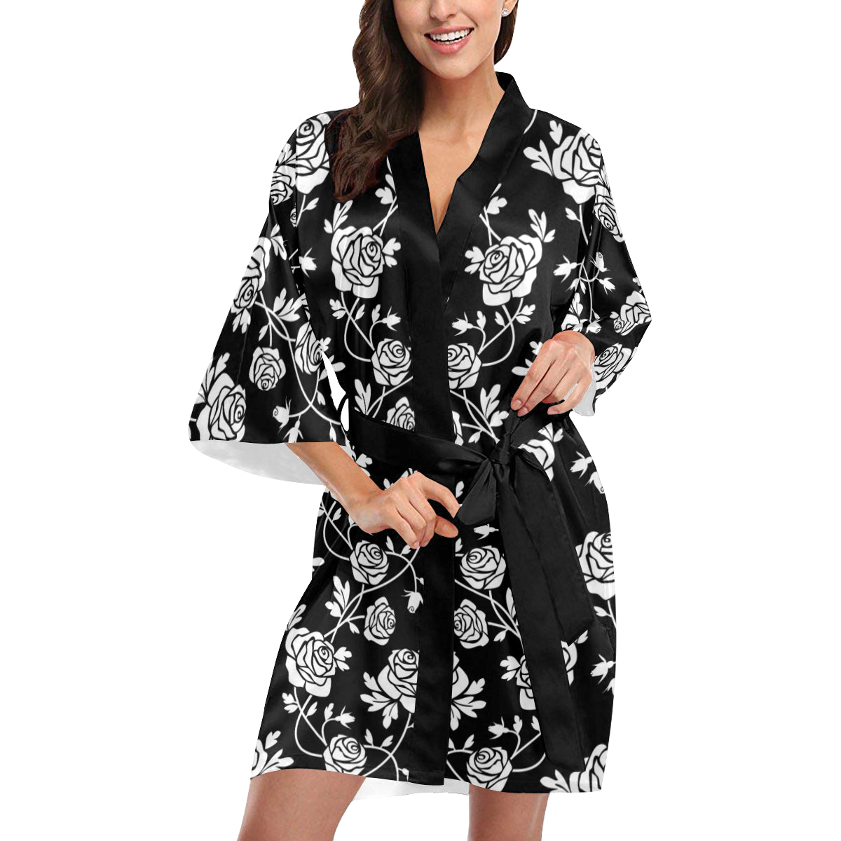 Rose Pattern Print Design RO013 Women Kimono Robe