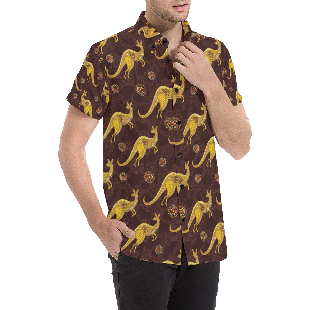 Kangaroos Aboriginal Pattern Print Design 08 Men's Short Sleeve Button Up Shirt