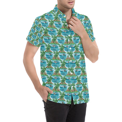 Palm Tree Hawaiian Themed Design Print Men's Short Sleeve Button Up Shirt