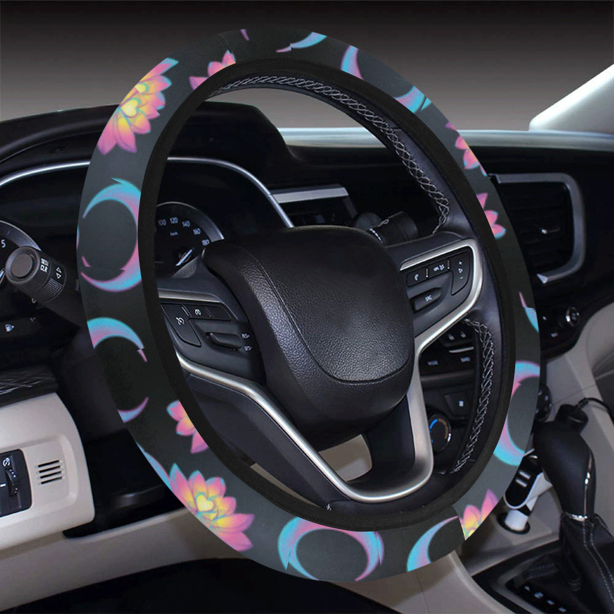 Lotus with Moon Pink Print Themed Steering Wheel Cover with Elastic Edge