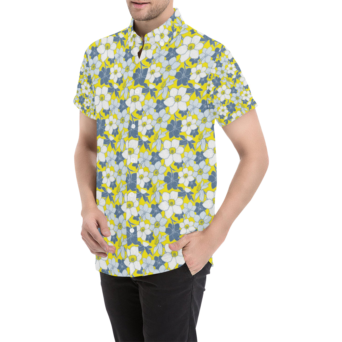 Daffodils Pattern Print Design 01 Men's Short Sleeve Button Up Shirt