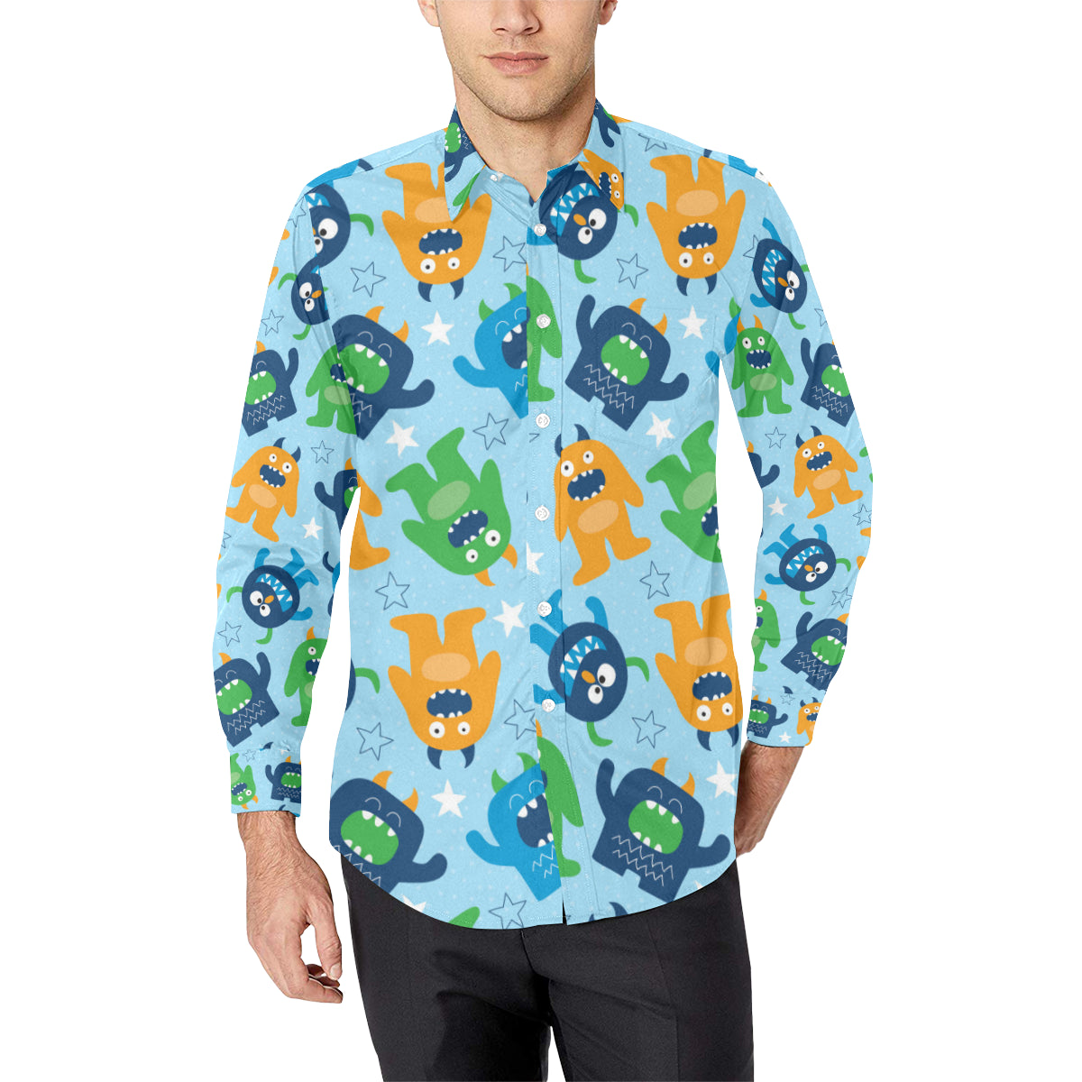 Monster Cartoon Pattern Print Design 04 Men's Long Sleeve Shirt