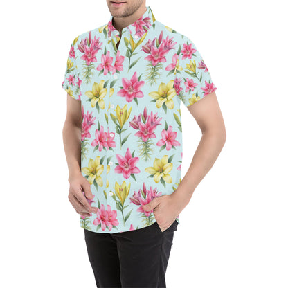 Lily Pattern Print Design LY010 Men's Short Sleeve Button Up Shirt
