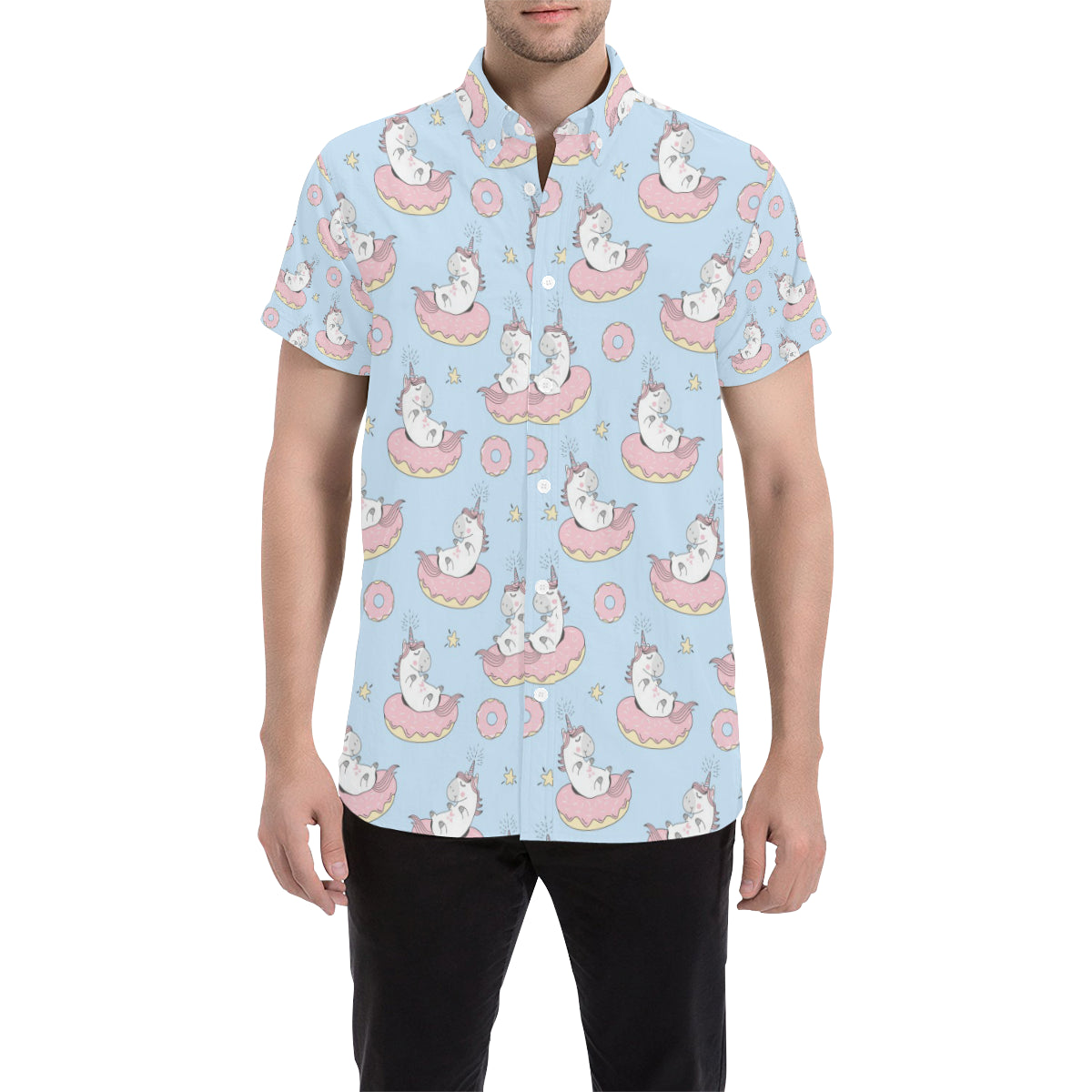 Donut Unicorn Pattern Print Design DN014 Men's Short Sleeve Button Up Shirt