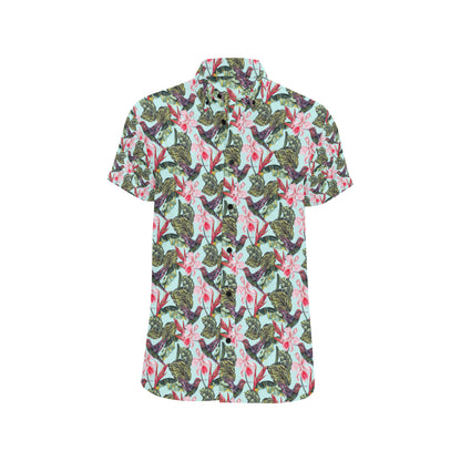 Hummingbird Cute Themed Print Men's Short Sleeve Button Up Shirt