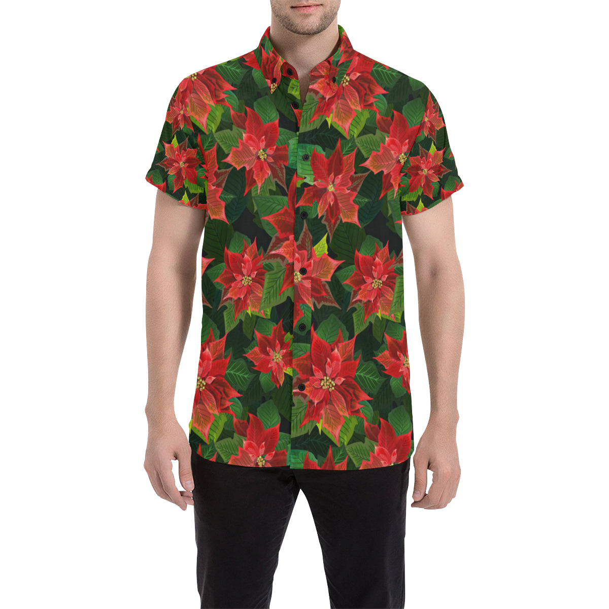 Poinsettia Pattern Print Design POT04 Men's Short Sleeve Button Up Shirt