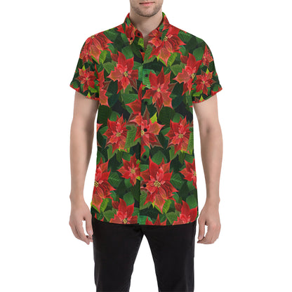 Poinsettia Pattern Print Design POT04 Men's Short Sleeve Button Up Shirt