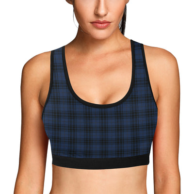 Navy Blue Tartan Plaid Pattern Sports Bra