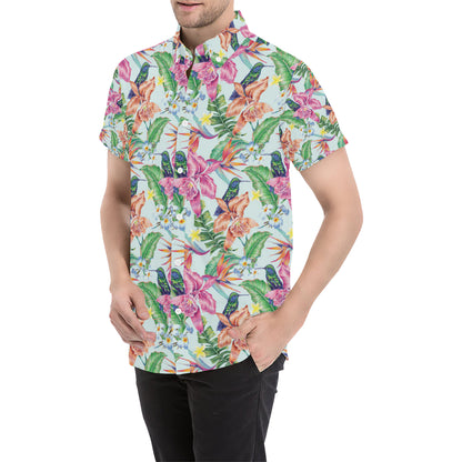 Hummingbird Tropical Pattern Print Design 05 Men's Short Sleeve Button Up Shirt