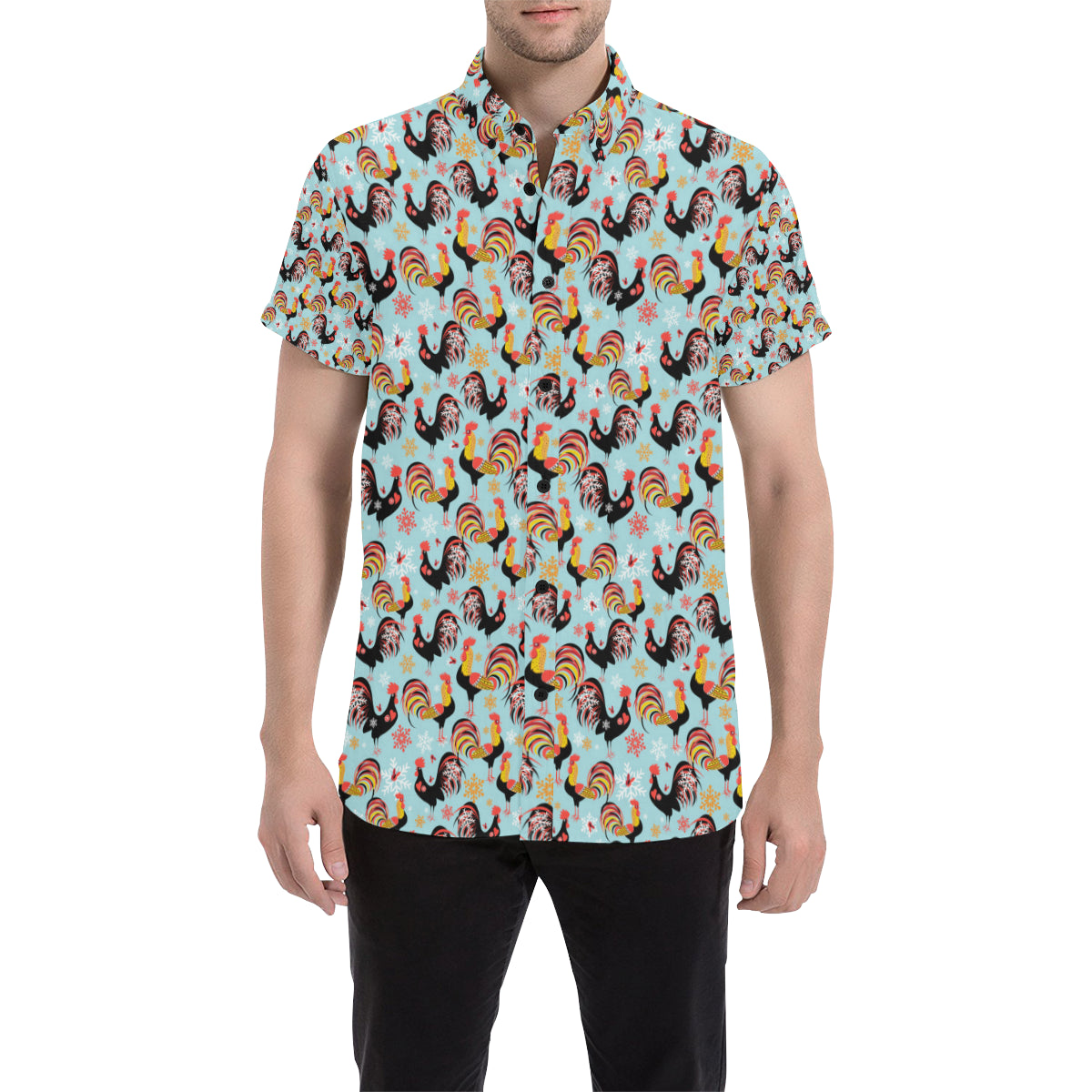 Rooster Themed Design Men's Short Sleeve Button Up Shirt