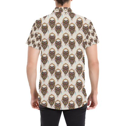 Wolf Tribal Dream Catcher Design Print Men's Short Sleeve Button Up Shirt