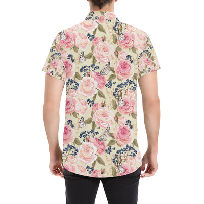 Floral Pink Butterfly Print Men's Short Sleeve Button Up Shirt