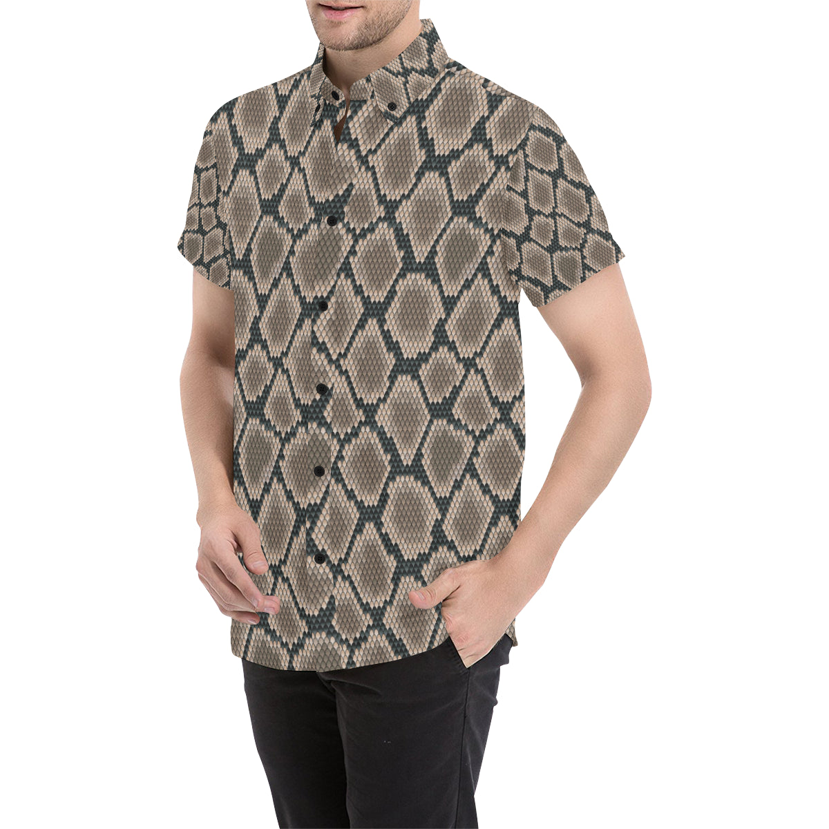 Snake Skin Design Print Men's Short Sleeve Button Up Shirt