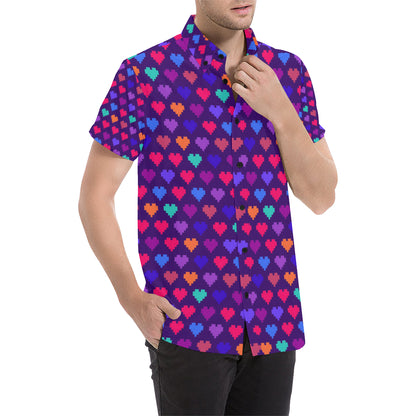 Heart Pixel Pattern Print Design HE03 Men's Short Sleeve Button Up Shirt