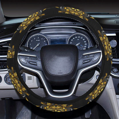 Steampunk Gold Owl Design Themed Print Steering Wheel Cover with Elastic Edge