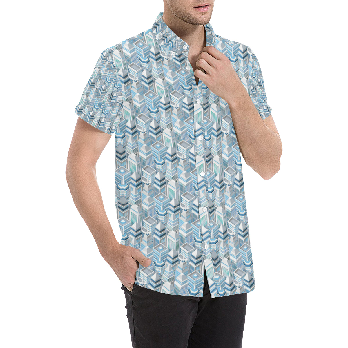 City  Pattern Print Design 03 Men's Short Sleeve Button Up Shirt