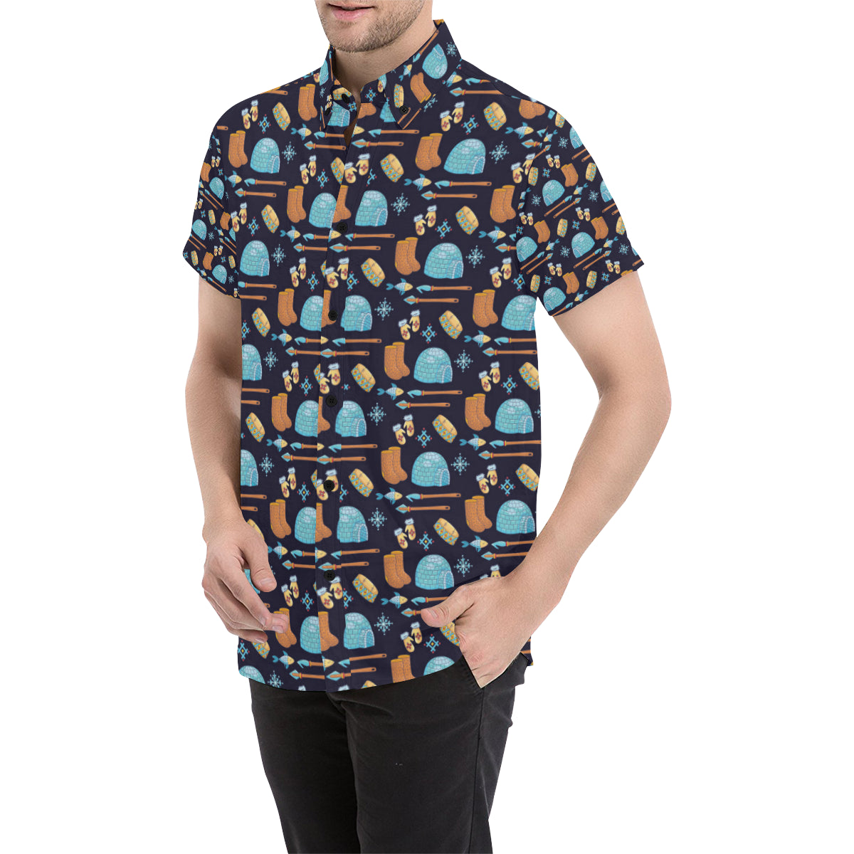 Eskimo Pattern Print Design 02 Men's Short Sleeve Button Up Shirt