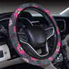 Sugar Skull Pink Rose Themed Print Steering Wheel Cover with Elastic Edge