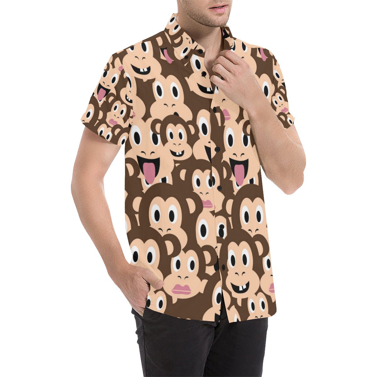 Emoji Monkey Print Pattern Men's Short Sleeve Button Up Shirt