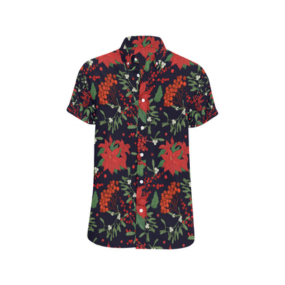 Poinsettia Pattern Print Design POT02 Men's Short Sleeve Button Up Shirt