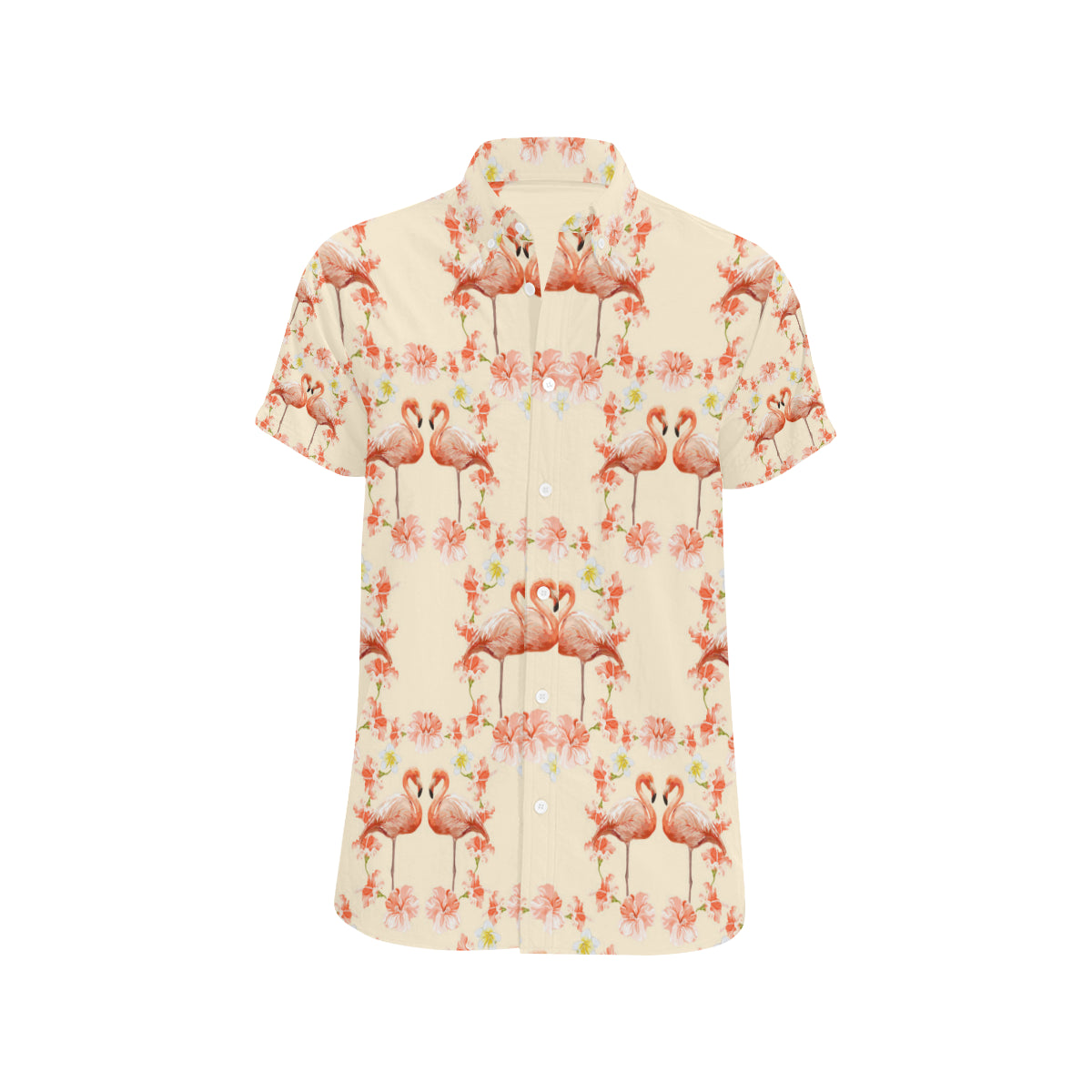 Flamingo Hibiscus Print Pattern Men's Short Sleeve Button Up Shirt