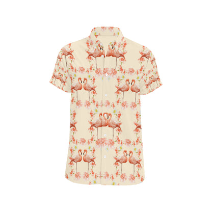 Flamingo Hibiscus Print Pattern Men's Short Sleeve Button Up Shirt