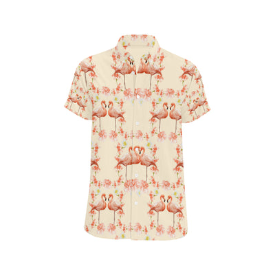 Flamingo Hibiscus Print Pattern Men's Short Sleeve Button Up Shirt