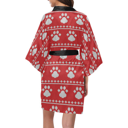 Knit Paw Pattern Print Design 03 Women's Short Kimono