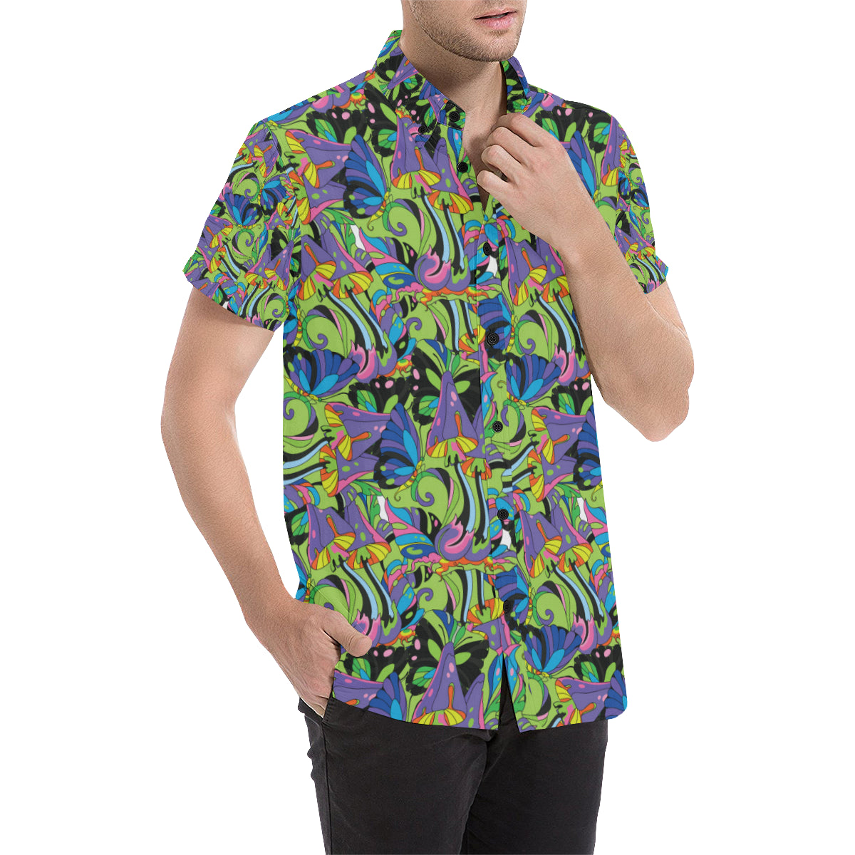 Psychedelic Trippy Mushroom Themed Men's Short Sleeve Button Up Shirt