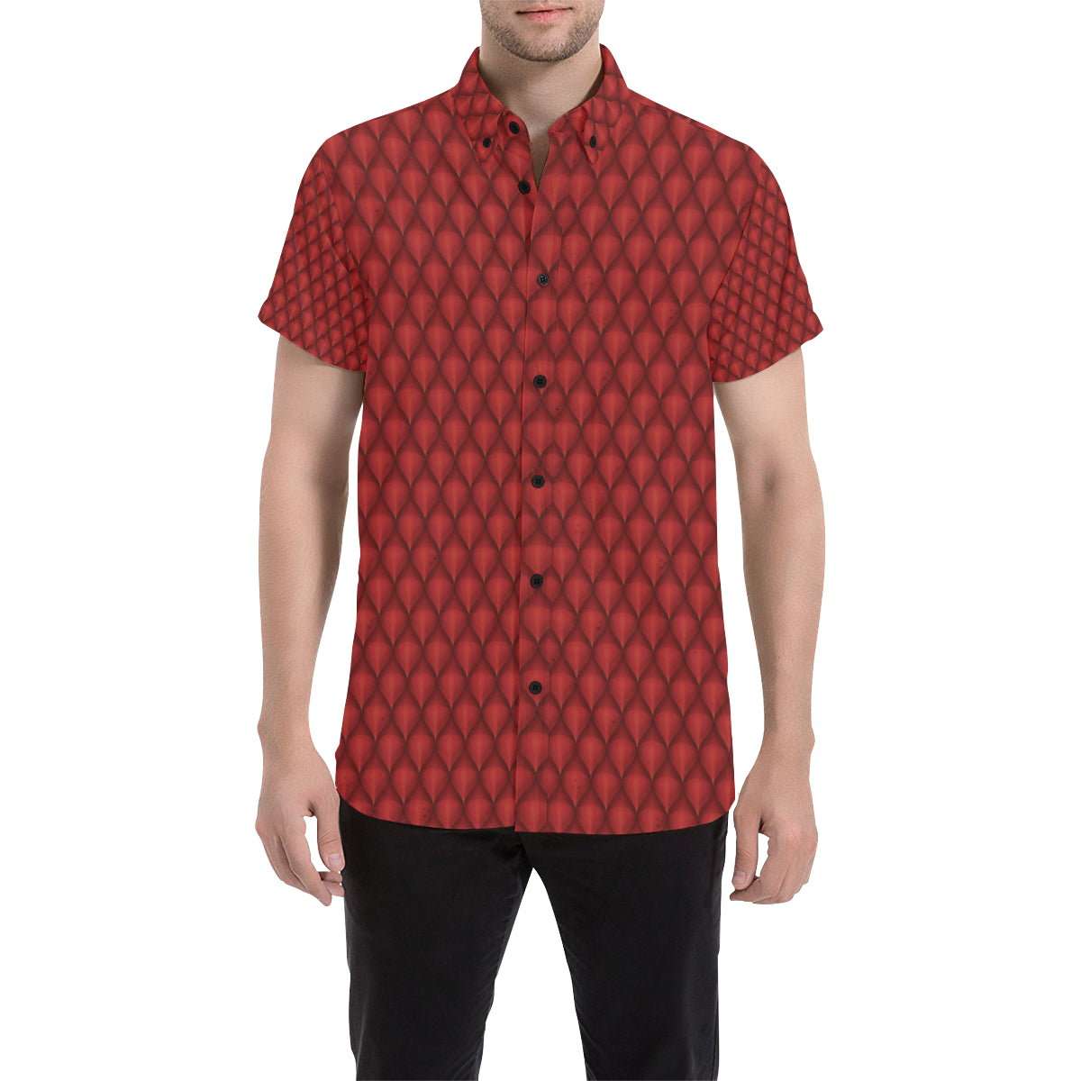 Dragons Red Skin Texture Men's Short Sleeve Button Up Shirt