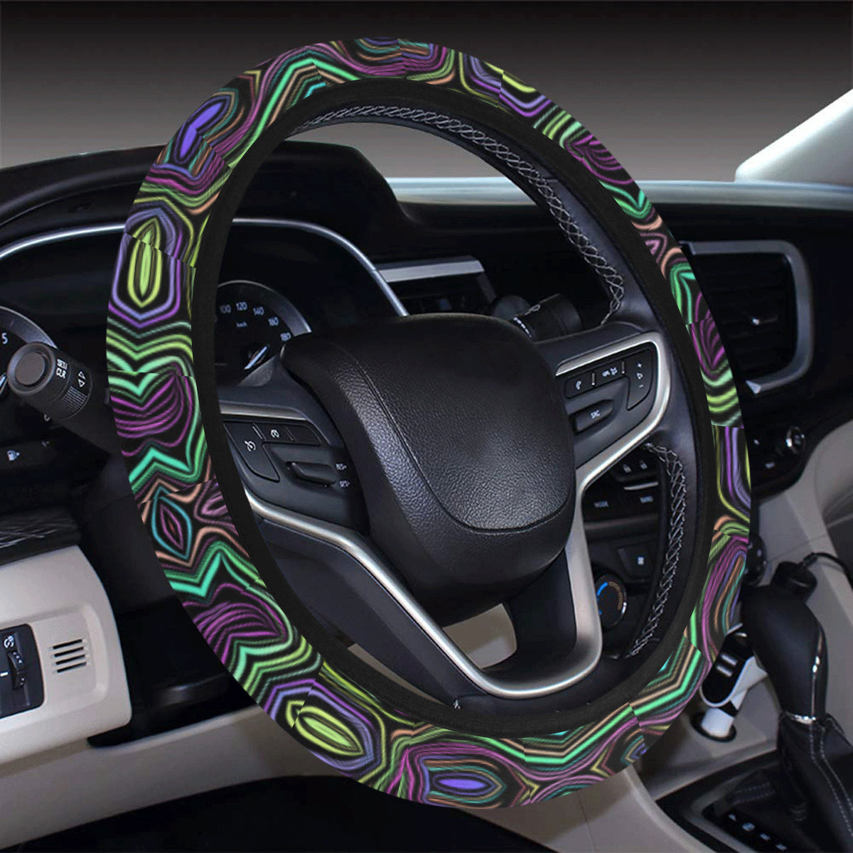 Yin Yang Neon Color Design Print Steering Wheel Cover with Elastic Edge