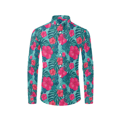 Red Hibiscus Pattern Print Design HB017 Men's Long Sleeve Shirt