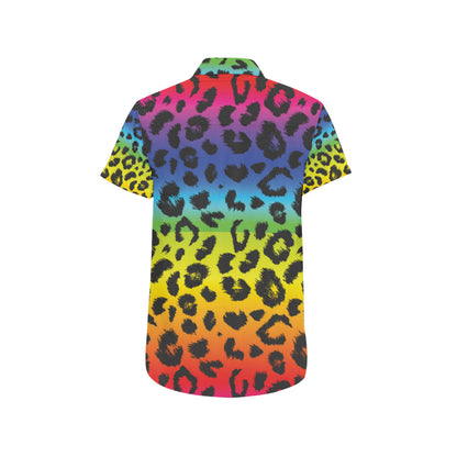 Rainbow Leopard Pattern Print Design A01 Men's Short Sleeve Button Up Shirt
