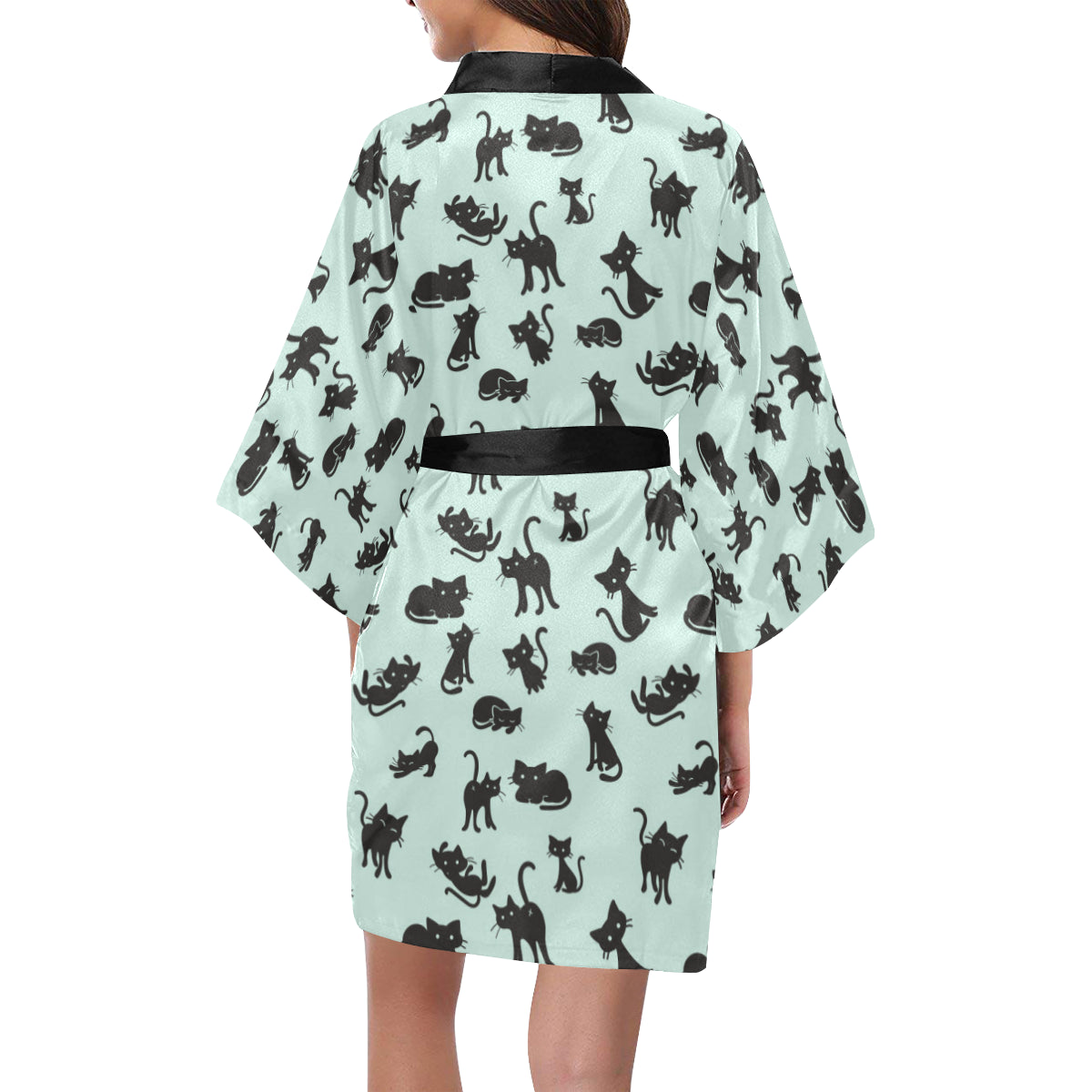 Black Cat Pattern Print Design 04 Women's Short Kimono
