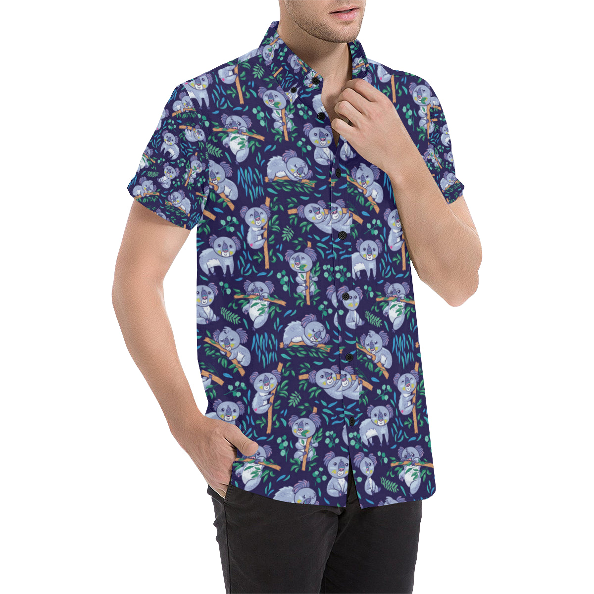 Koala Themed Design Print Men's Short Sleeve Button Up Shirt