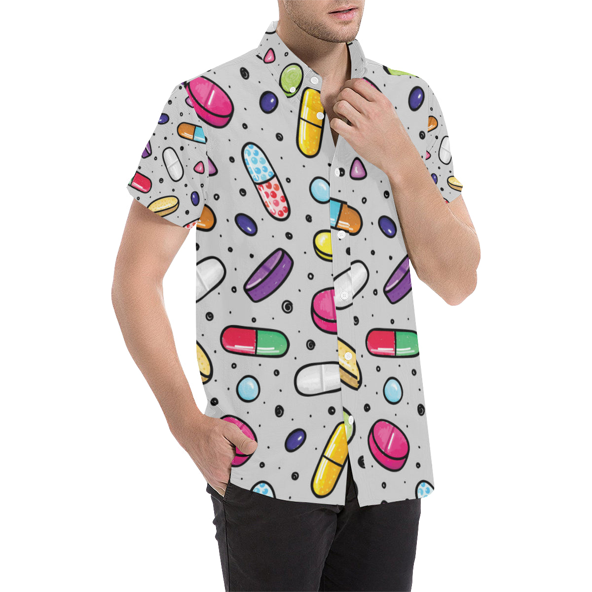 Pill Pattern Print Design A04 Men's Short Sleeve Button Up Shirt