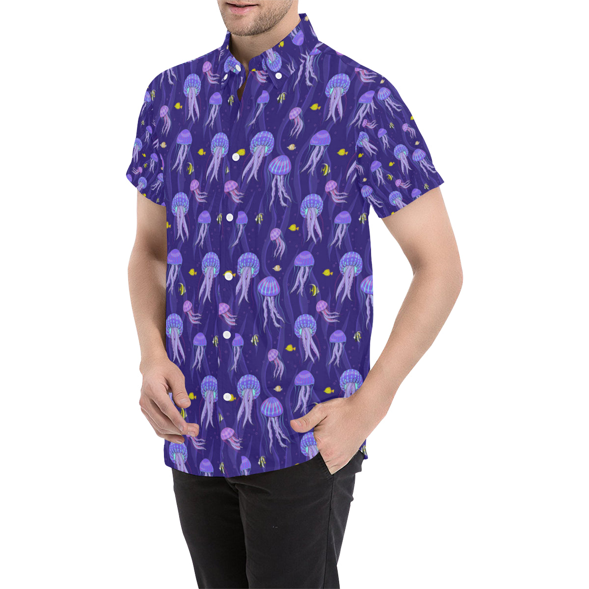 Jellyfish Style Print Men's Short Sleeve Button Up Shirt