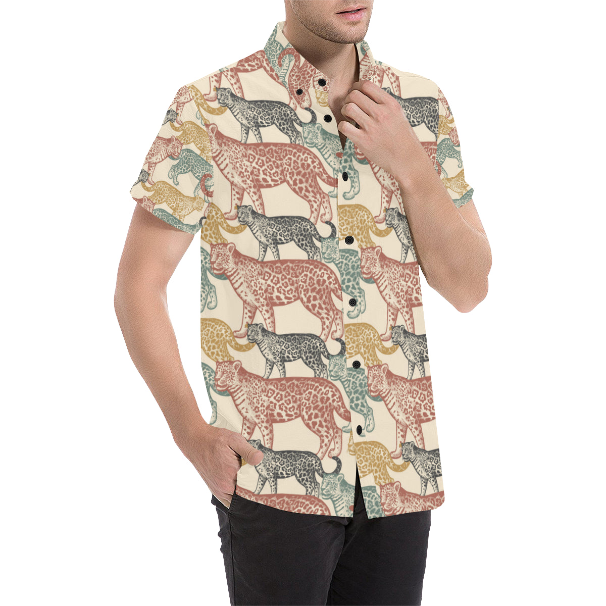 Jaguar Pattern Print Design 01 Men's Short Sleeve Button Up Shirt