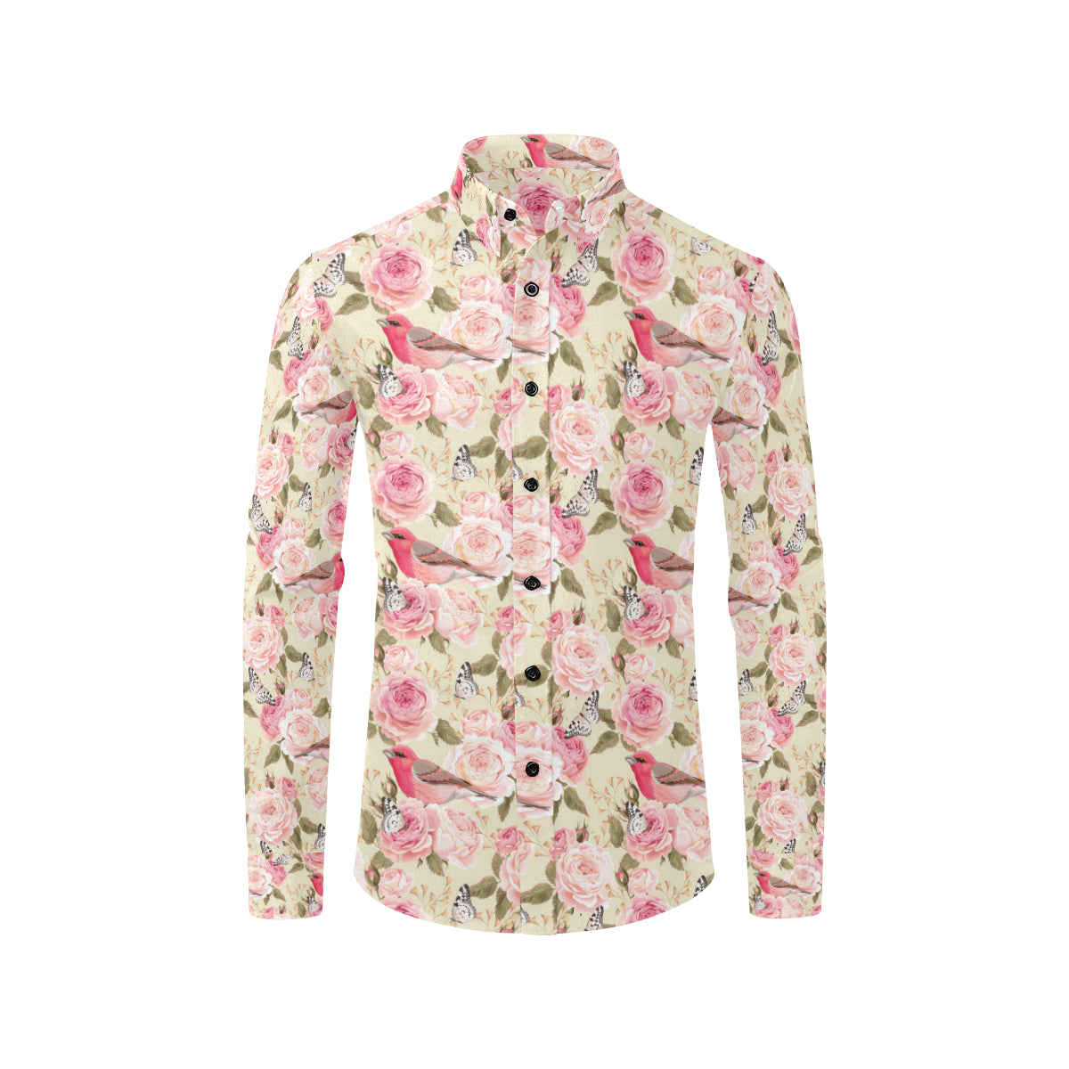 Bird Butterfly Pink Flower Print Pattern Men's Long Sleeve Shirt