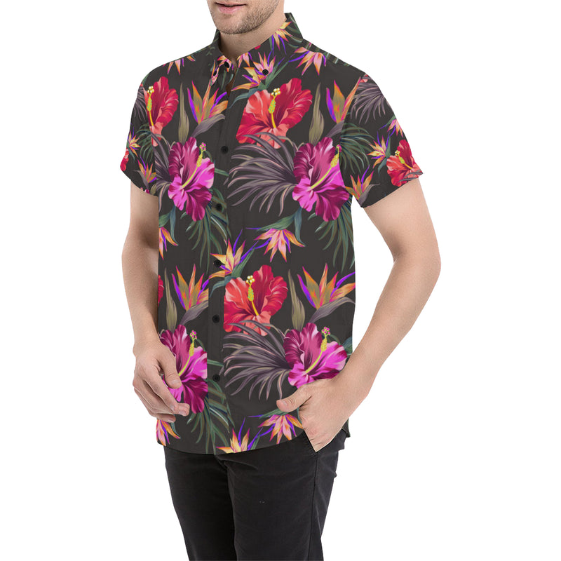 Hibiscus Pattern Print Design HB014 Men's Short Sleeve Button Up Shirt