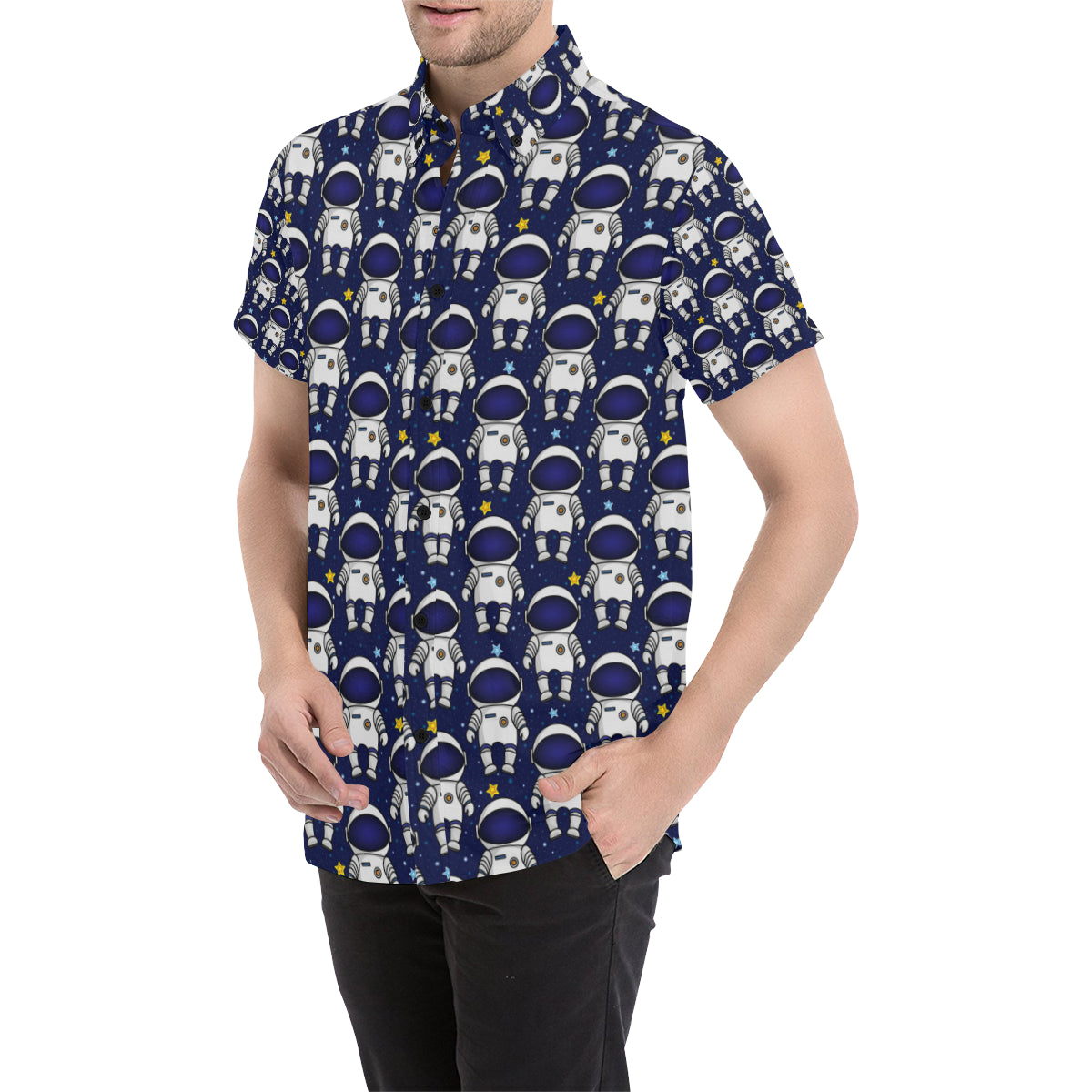 Astronaut Pattern Print Design 01 Men's Short Sleeve Button Up Shirt
