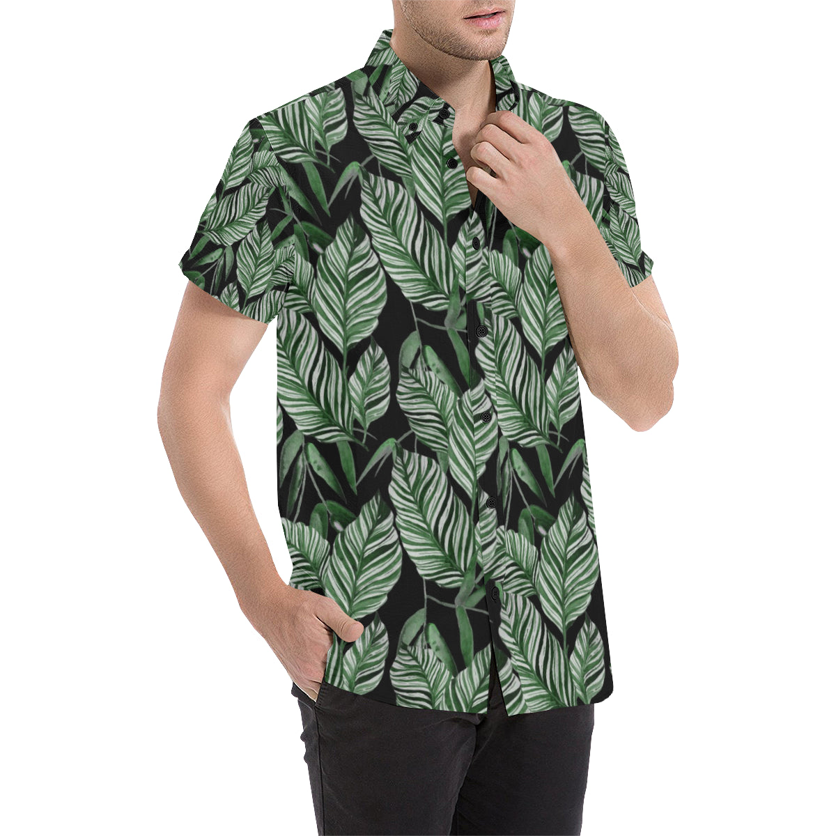 Palm Leaves Pattern Print Design PL09 Men's Short Sleeve Button Up Shirt