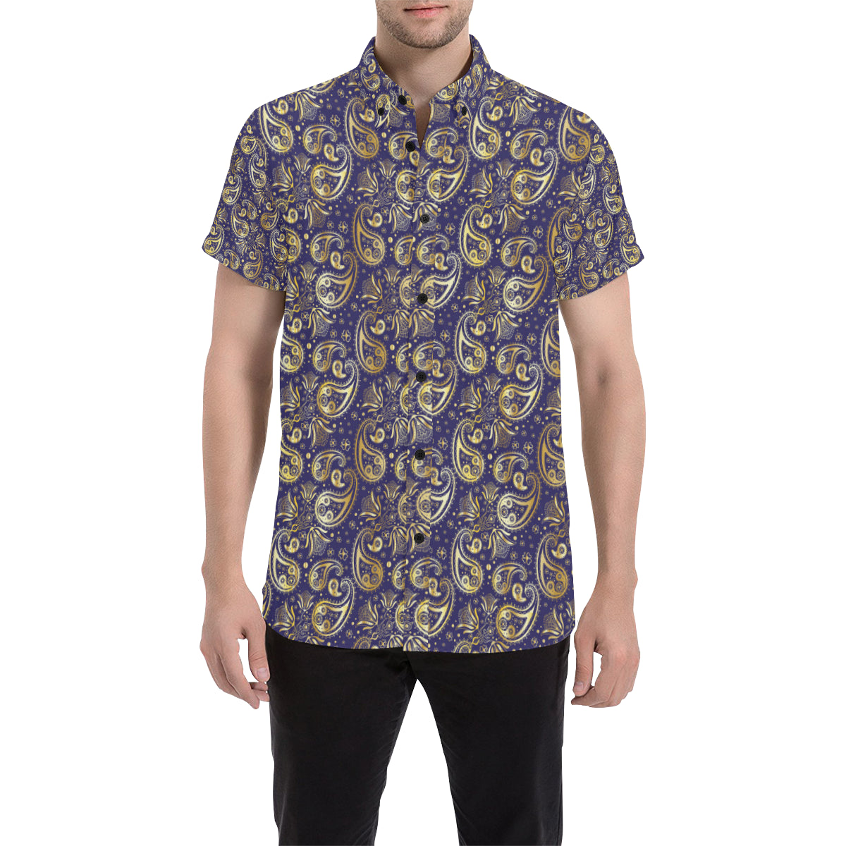Paisley Blue Yellow Design Print Men's Short Sleeve Button Up Shirt
