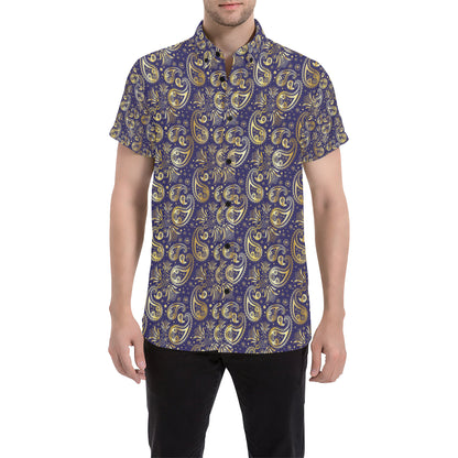 Paisley Blue Yellow Design Print Men's Short Sleeve Button Up Shirt