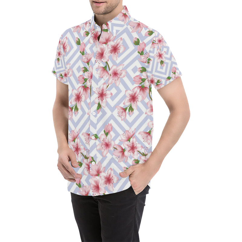 Cherry Blossom Pattern Print Design CB07 Men's Short Sleeve Button Up Shirt