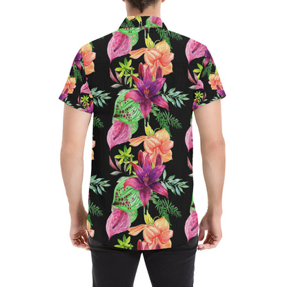 Amaryllis Pattern Print Design AL09 Men's Short Sleeve Button Up Shirt