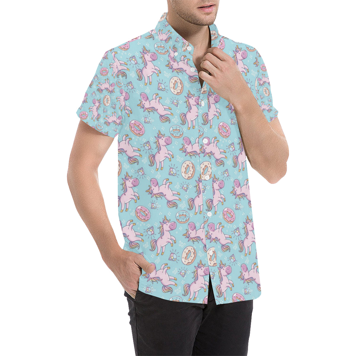 Donut Unicorn Pattern Print Design DN016 Men's Short Sleeve Button Up Shirt