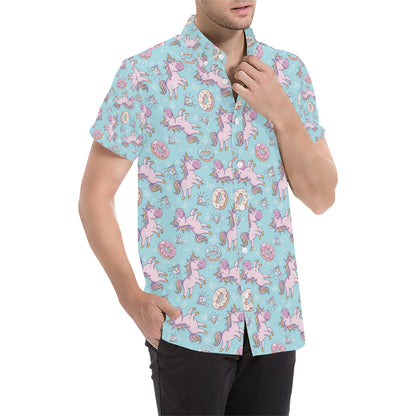 Donut Unicorn Pattern Print Design DN016 Men's Short Sleeve Button Up Shirt