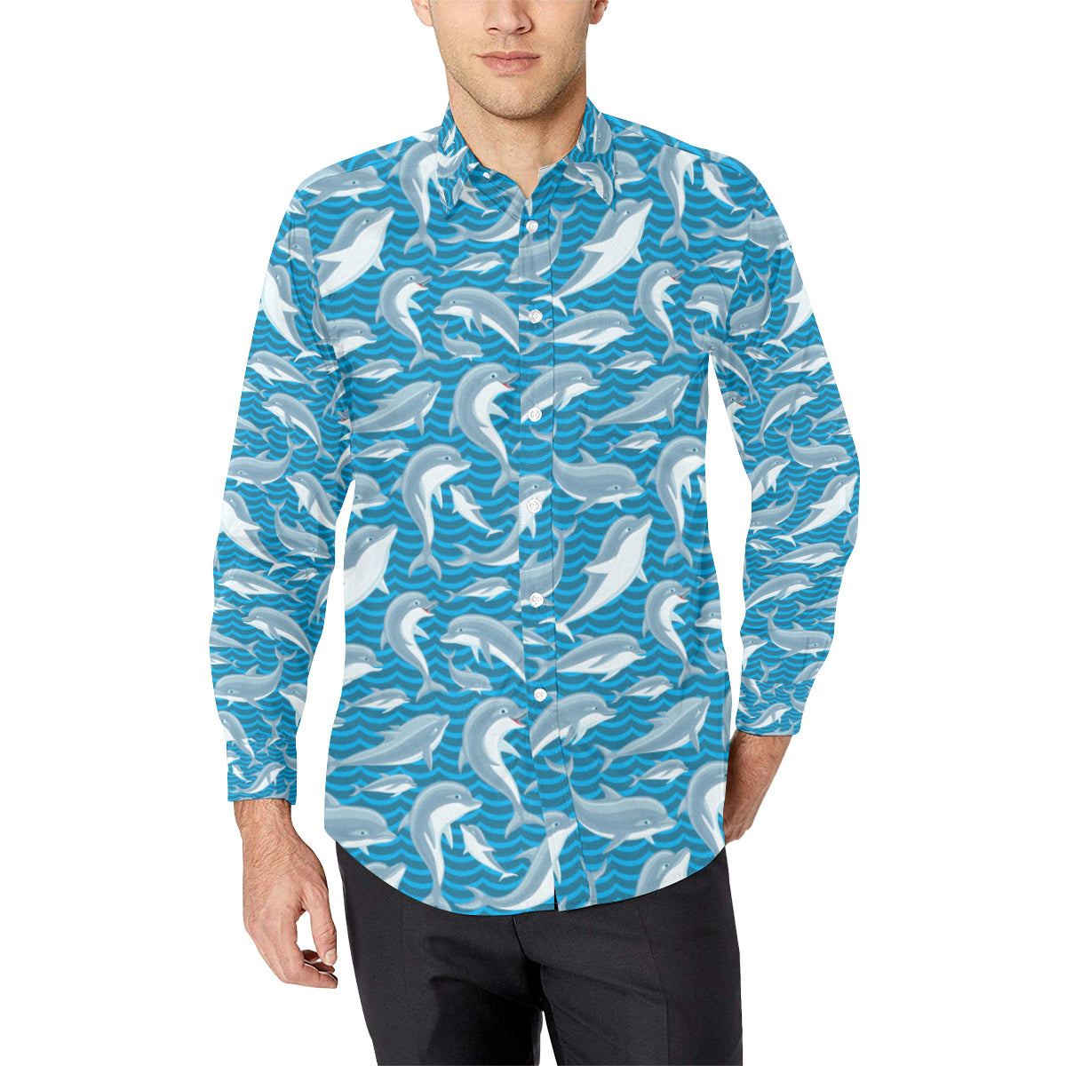 Dolphin Cute Print Pattern Men's Long Sleeve Shirt