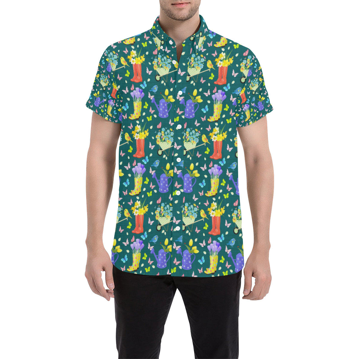 Gardening Pattern Print Design G08 Men's Short Sleeve Button Up Shirt